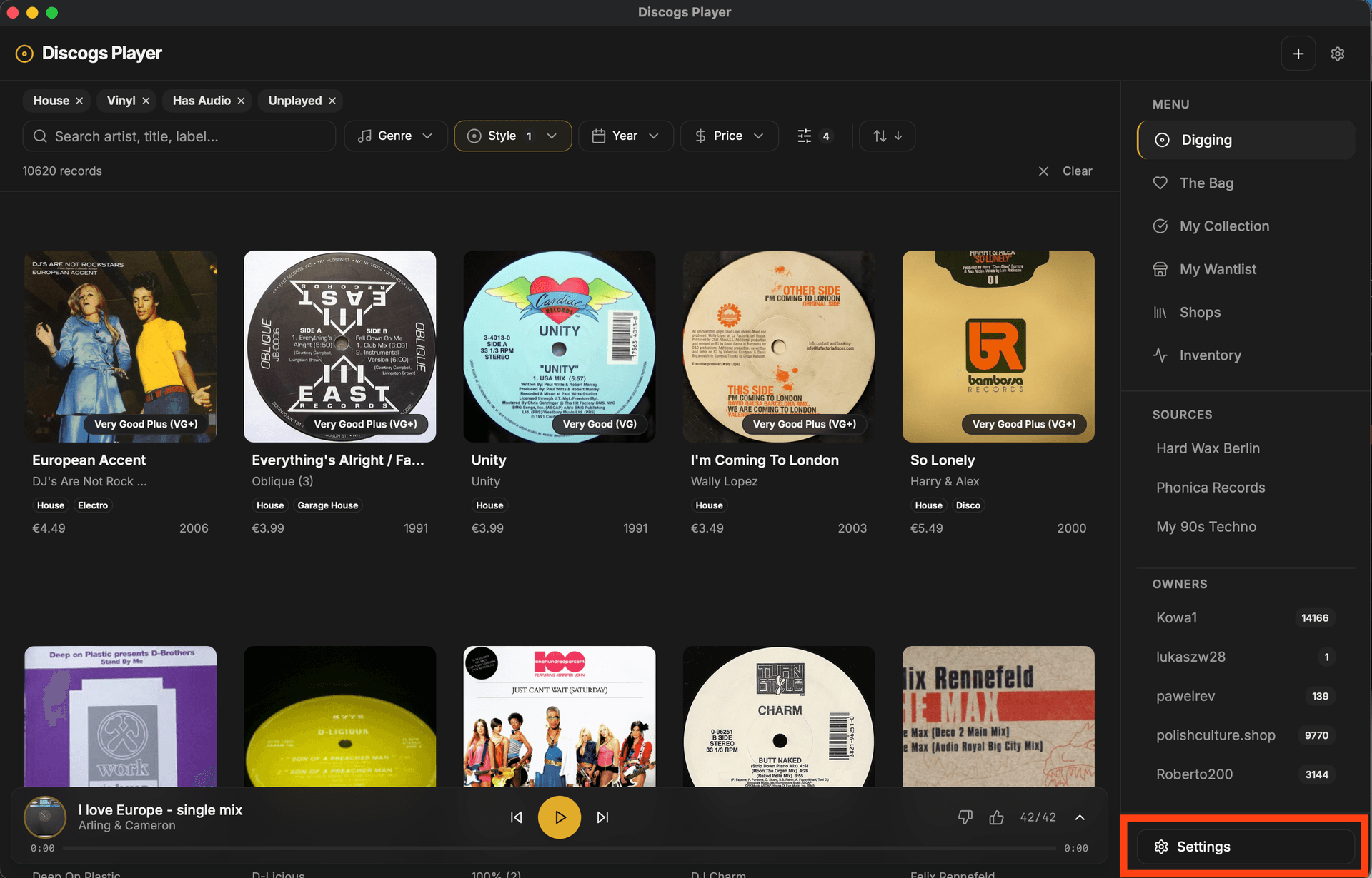 Open Settings in Discogs Player