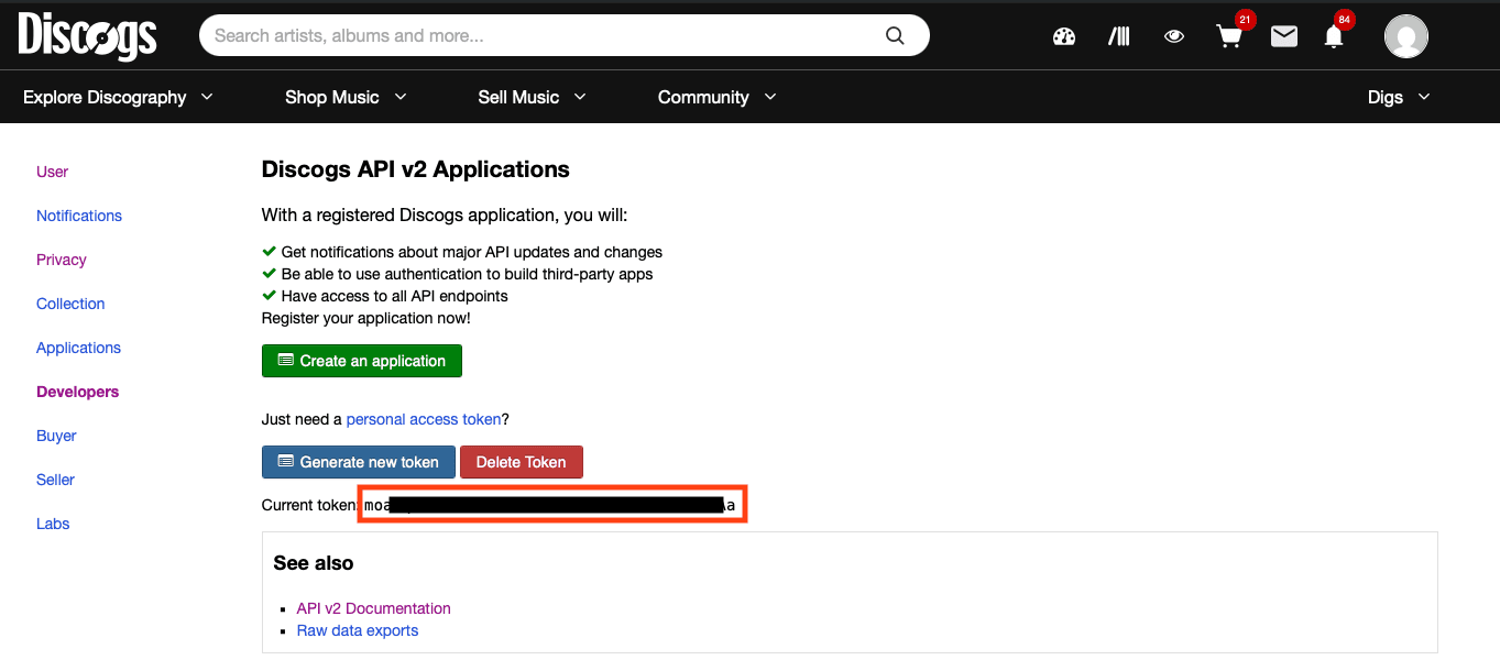 Generate token on Discogs
