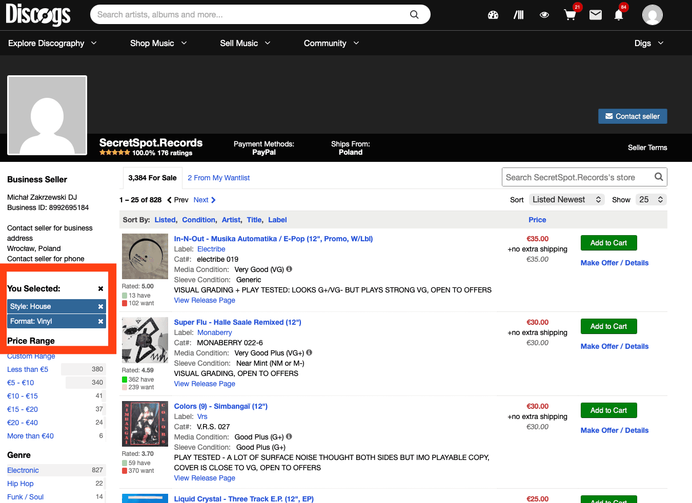 Seller page on Discogs